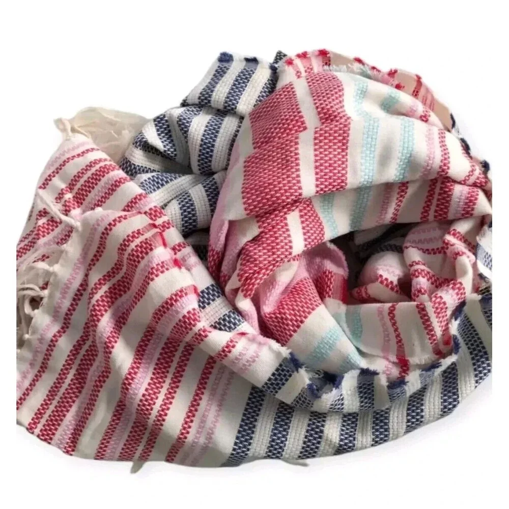 New J. Jill Tasseled Cotton Oversize Striped Blanket Shawl Throw Fringe 70 X 48